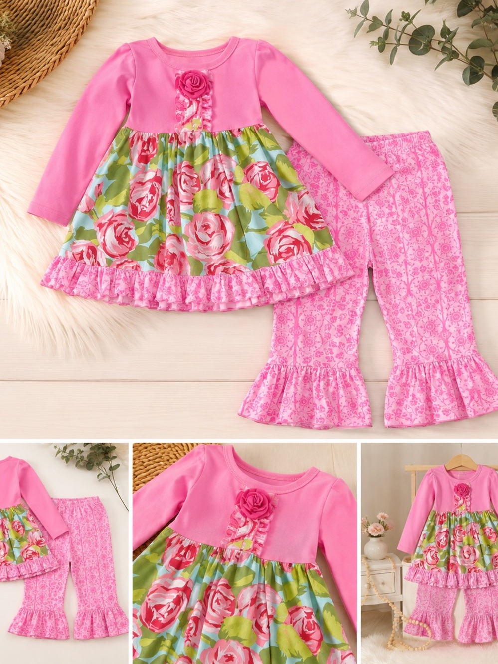 Giggle moon Pink Floral Ruffle Dress and Pants Set size 24 months